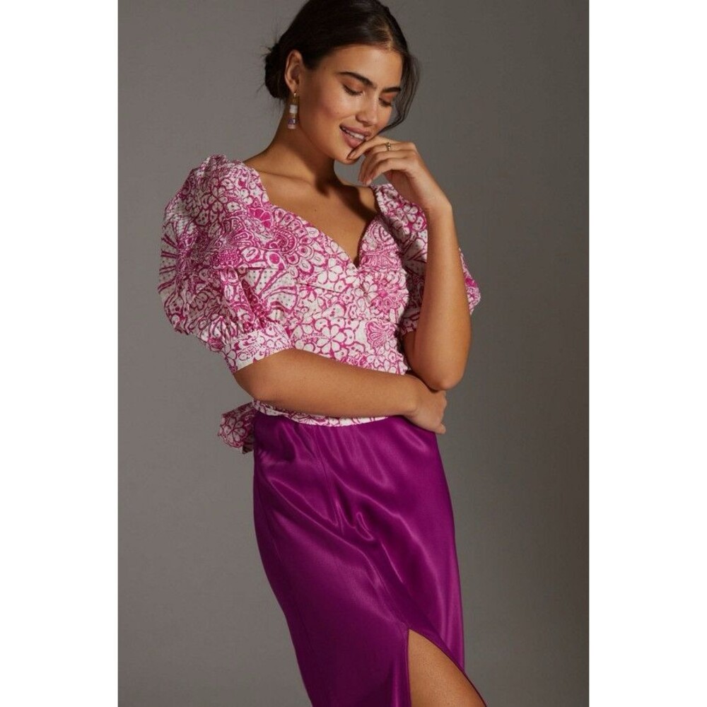 Anthropologie Pink Floral Puff-Sleeve Crop Top